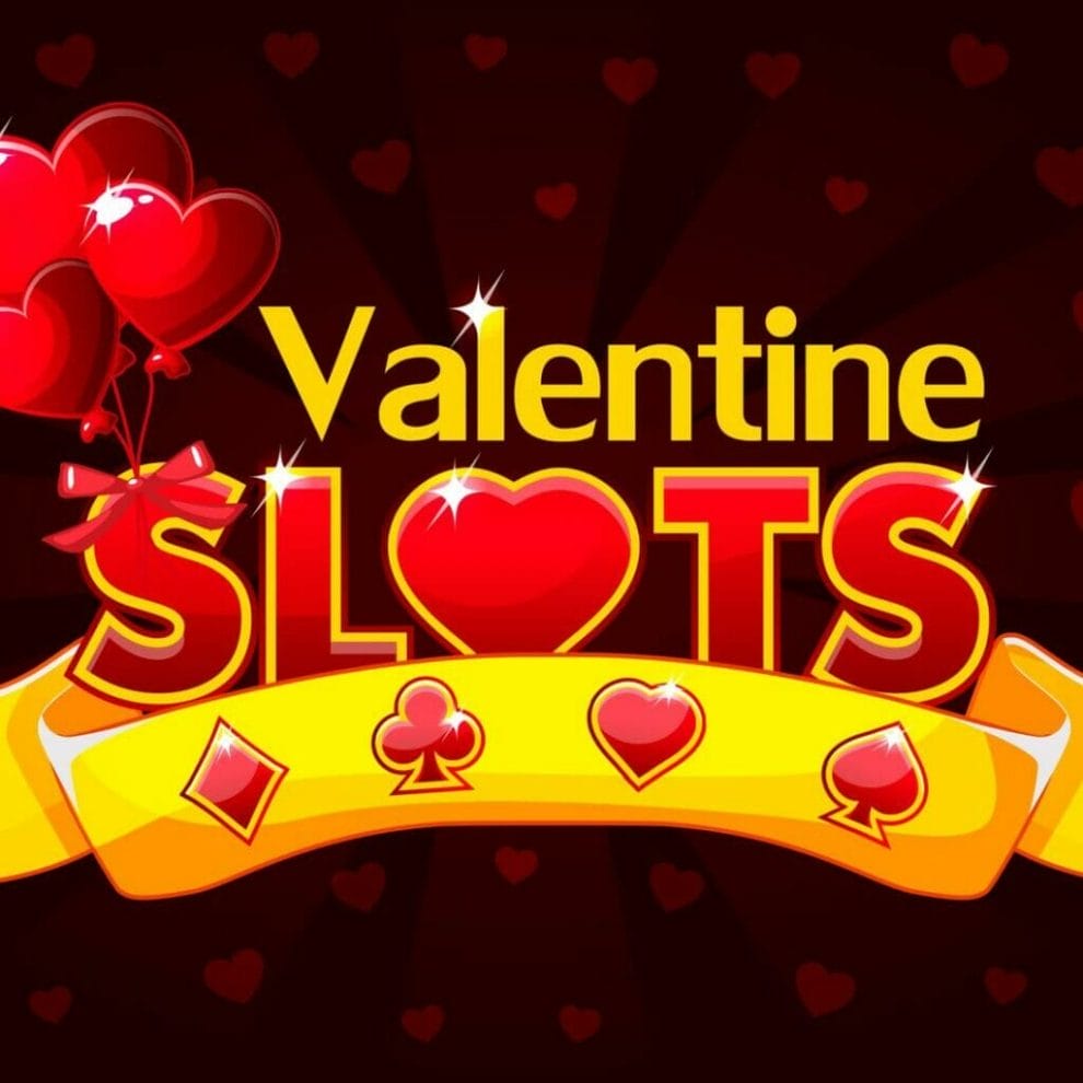 The word “slots” in a Valentine’s Day font above a banner.