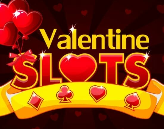 The word “slots” in a Valentine’s Day font above a banner.