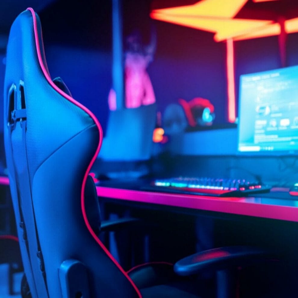 An eSports gaming set-up with a chair and computer.