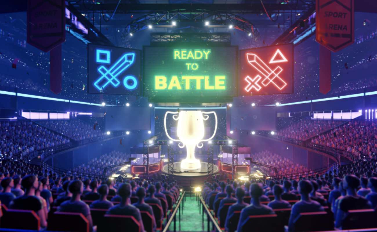 Digital rendering of an eSports tournament with spectators.