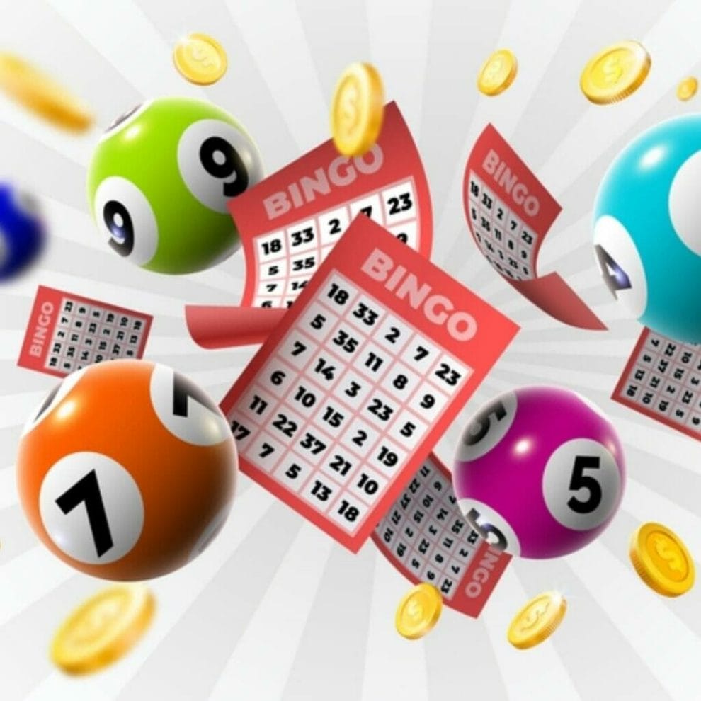 A digital rendering of bingo balls, cards and coins flying through the air.
