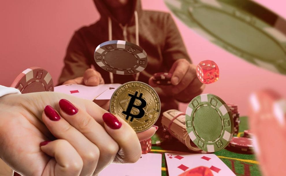 A woman holding a gold bitcoin with a poker player in the background.