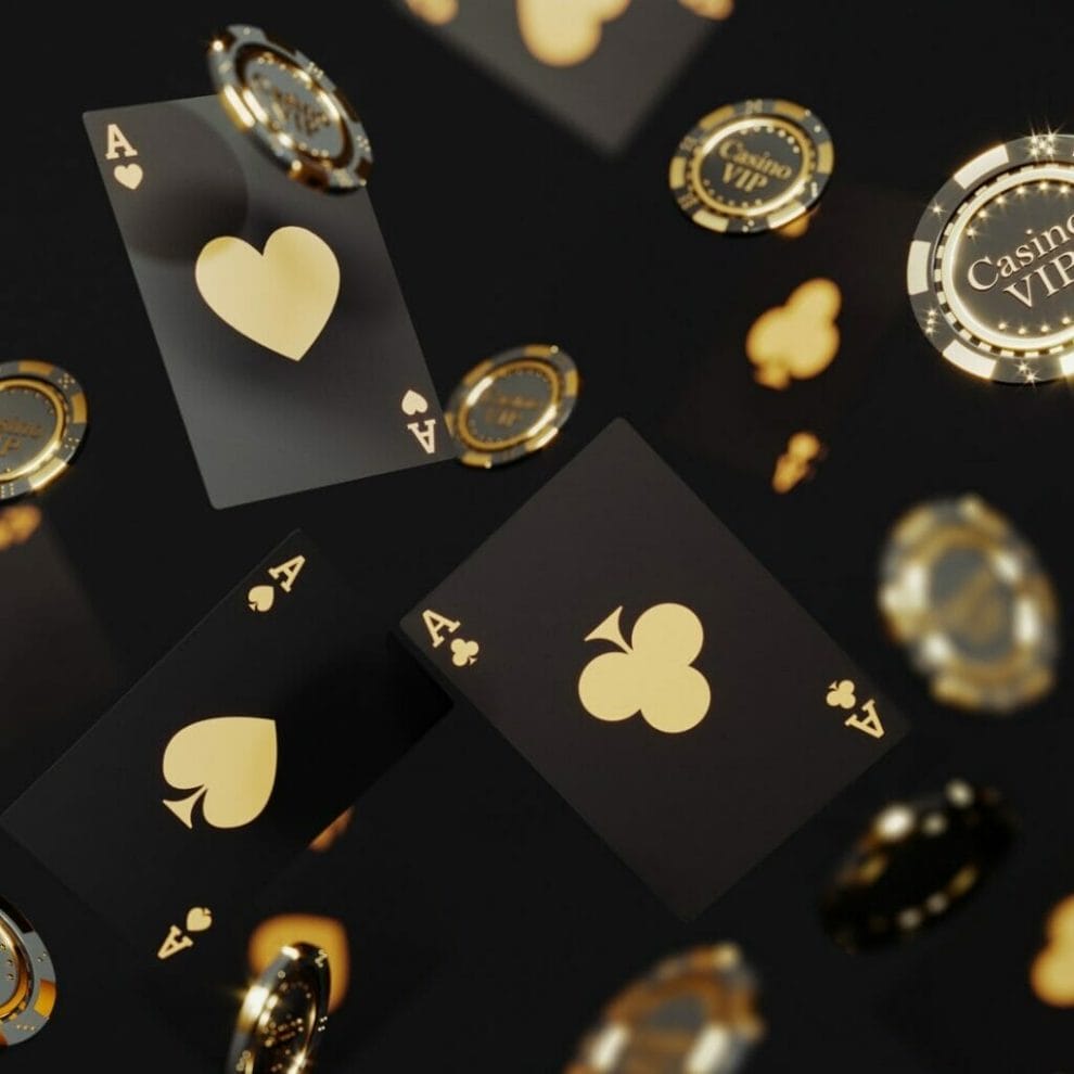 Black and gold poker cards and poker chips falling.