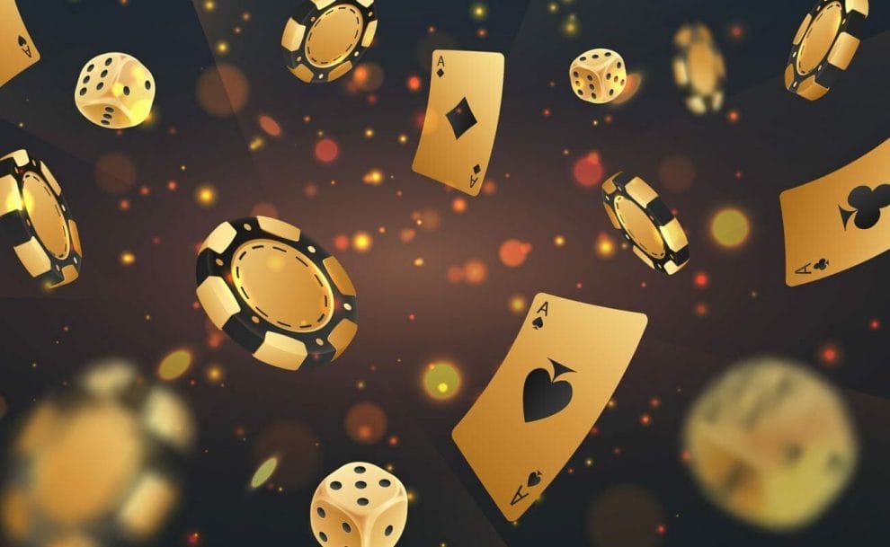 Vector illustration of poker cards, dice and casino chips.