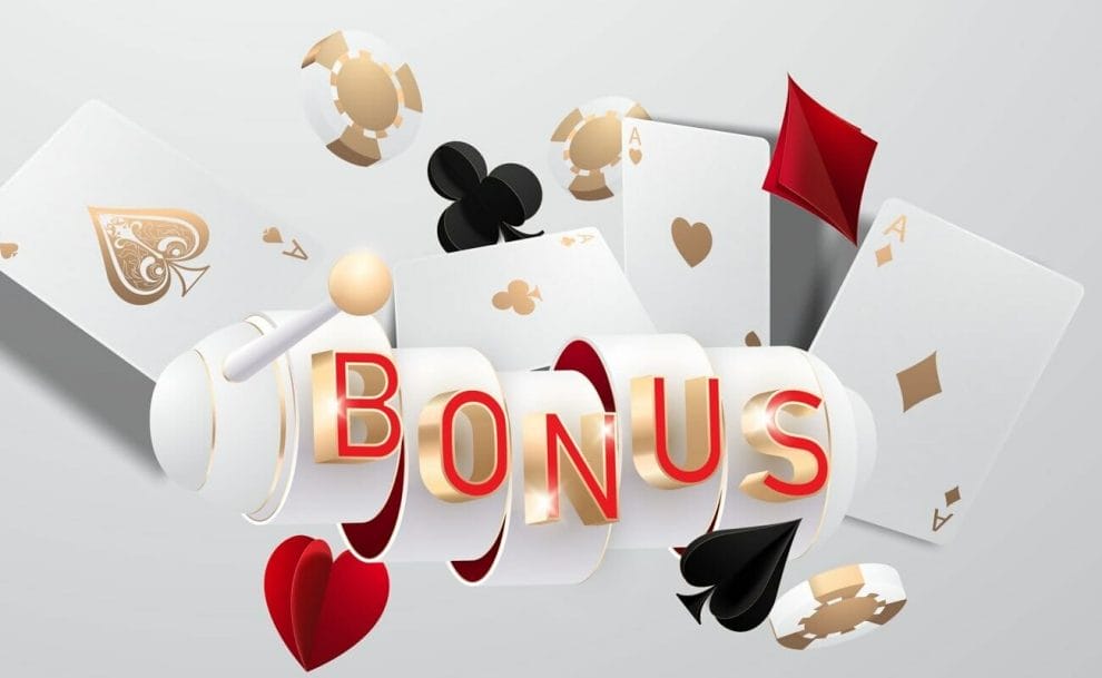 ‘BONUS’ written on a reel surrounded by casino cards and icons.