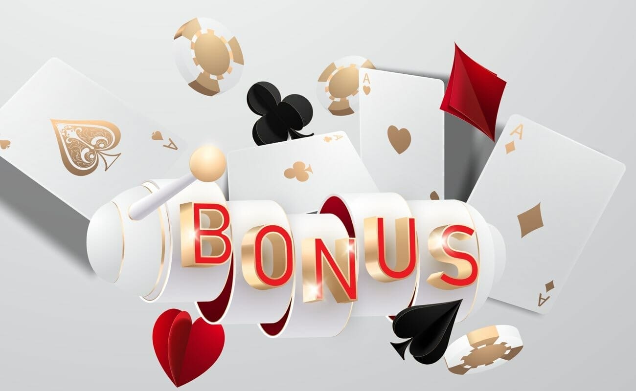‘BONUS’ written on a reel surrounded by casino cards and icons.