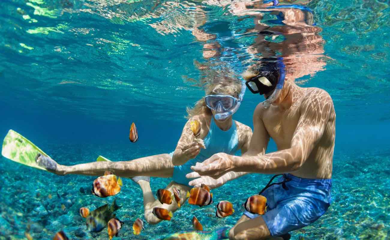 A couple wearing snorkeling gear explores the ocean together.