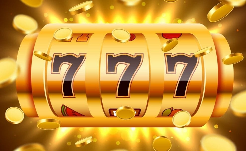 A golden reel with three 7s on it surrounded by flying gold coins.