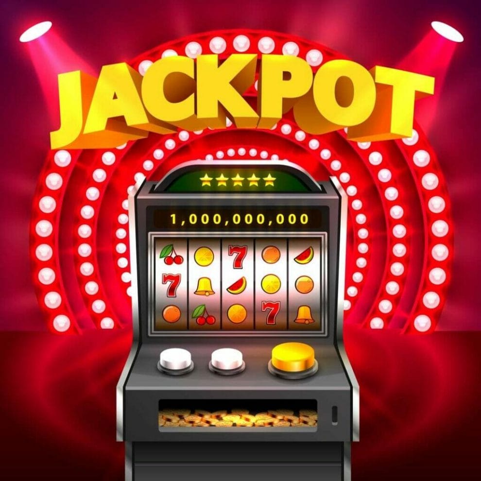An illustration of a slot reel with various fruit symbols, as well as a bell and 7 on it, surrounded by bright red lights.
