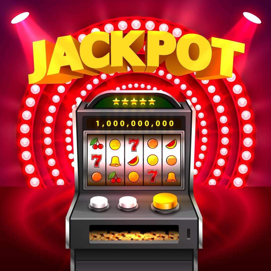 An illustration of a slot reel with various fruit symbols, as well as a bell and 7 on it, surrounded by bright red lights.