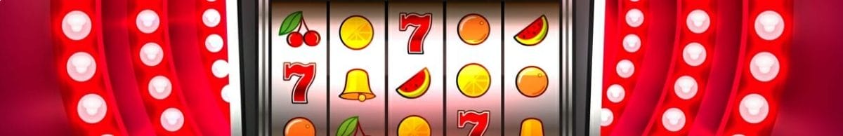 An illustration of a slot reel with various fruit symbols, as well as a bell and 7 on it, surrounded by bright red lights.