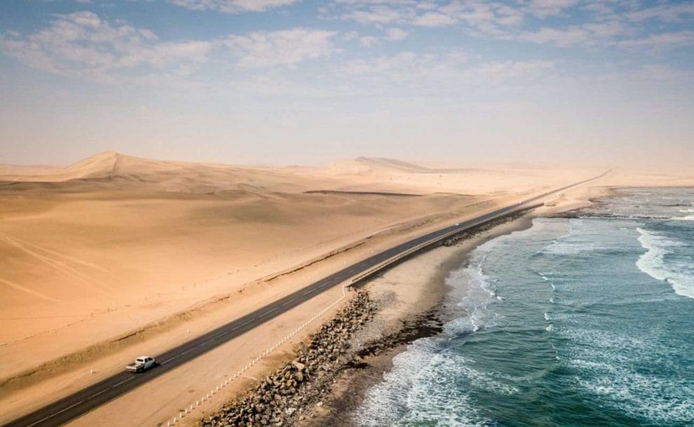 Road to Swakopmund, Skeleton Coast, Namibia, where the ocean and desert meet.

