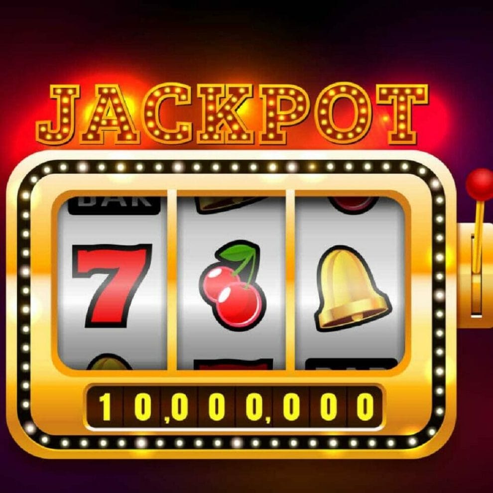 A slots game screen displays bells, 7s and cherries above a jackpot of 10 million
