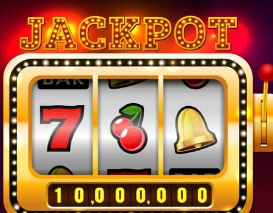 A slots game screen displays bells, 7s and cherries above a jackpot of 10 million