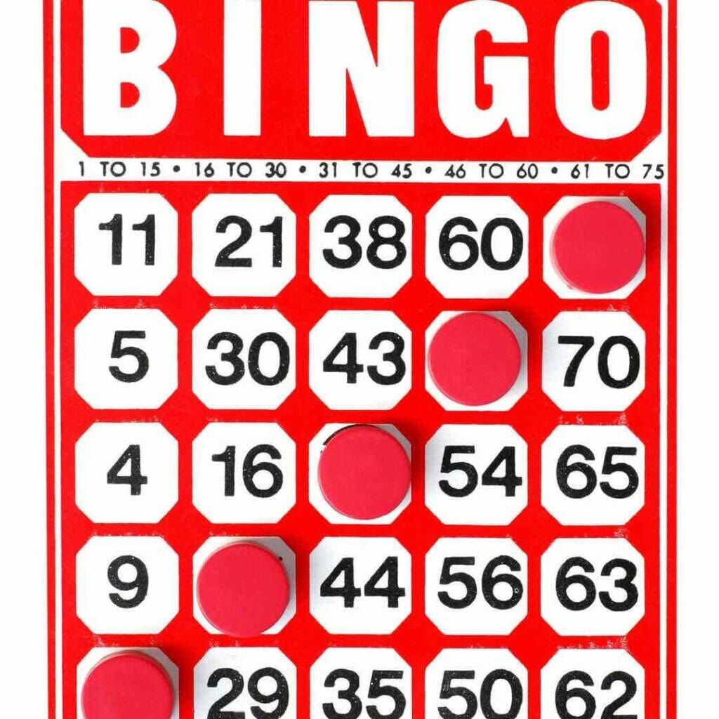 A diagonal win on a red bingo card.