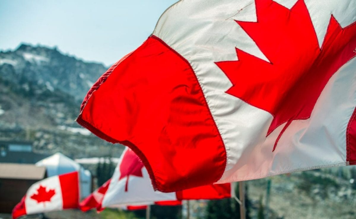 Canadian flags waving in the wind.