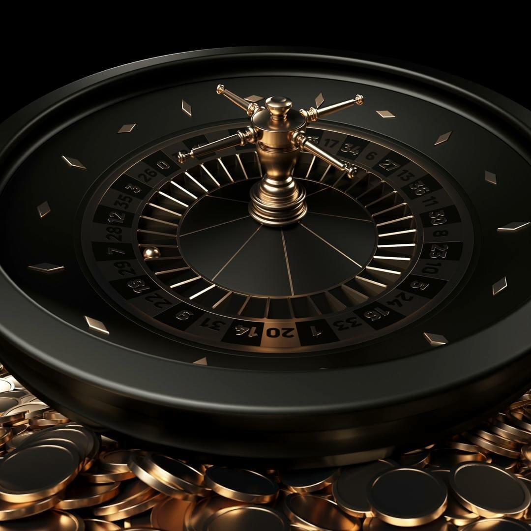 A black and gold roulette table surrounded by gold coins and black and gold casino chips.
