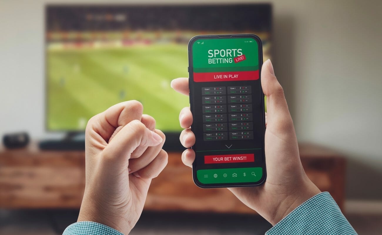A person celebrates a sports betting win while holding their cell phone. A TV is in the background with a sports match on it.