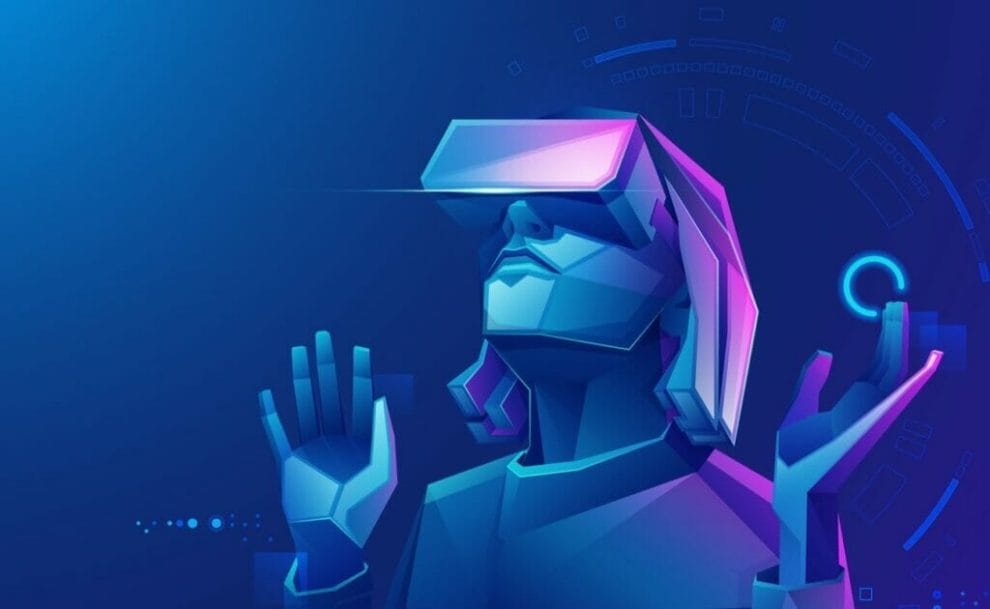 A blue person wearing purple-tinted VR goggles.