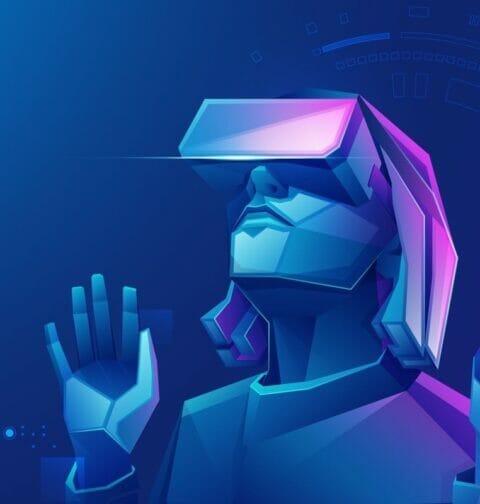 A blue person wearing purple-tinted VR goggles.