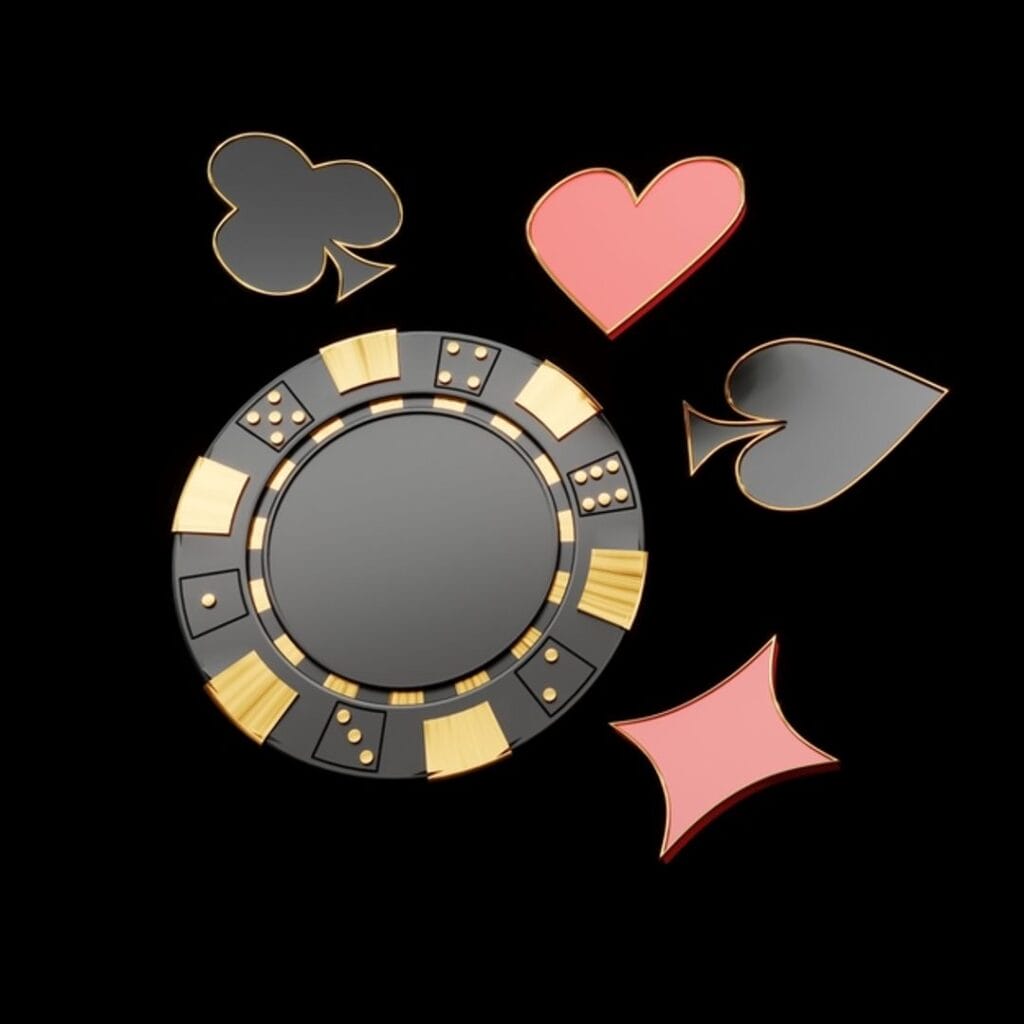 Playing card suit icons and a casino chip.