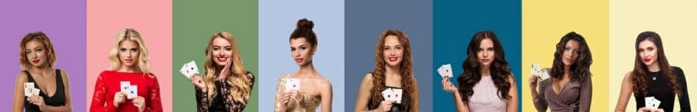 Collage of women holding poker cards.
