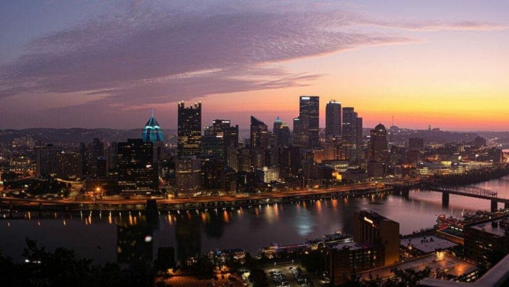 aerial view of Pittsburgh, Pennsylvania as seen across the Monongahela River, at dawn