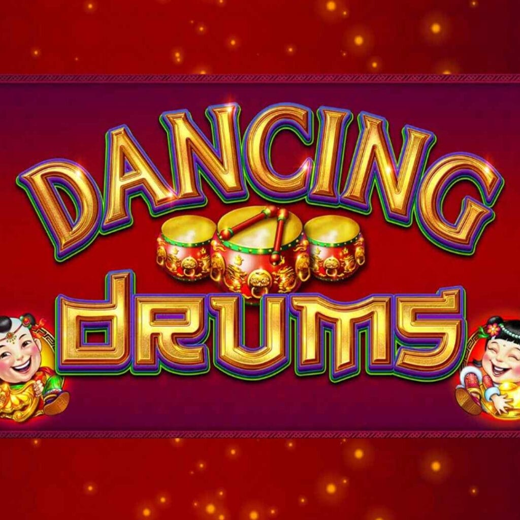The logo for the Dancing Drums slot game on a red and purple background. There are three drums behind it and two Fu Baby symbols next to it.