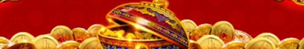 An ornate pot from the Dancing Drums slot game surrounded by gold coins on a red background.