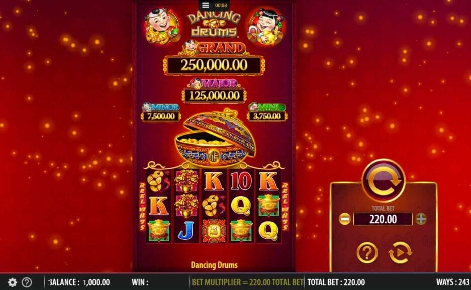A screenshot of the Dancing Drums slot game featuring the 5×3 slot grid in the center of the game screen with the bet limits to the right and the maximum jackpot values displayed above the reels. 