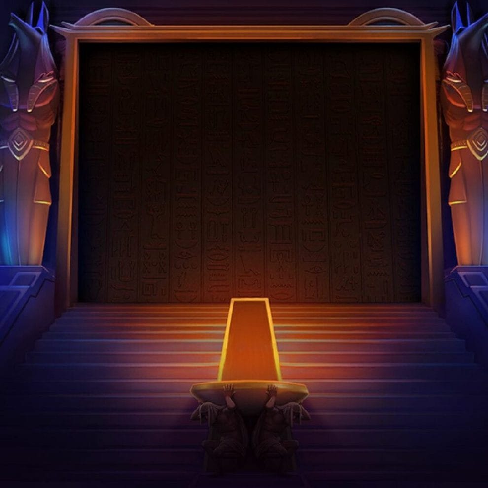 An opening screen from the Vault of Anubis online slot game.