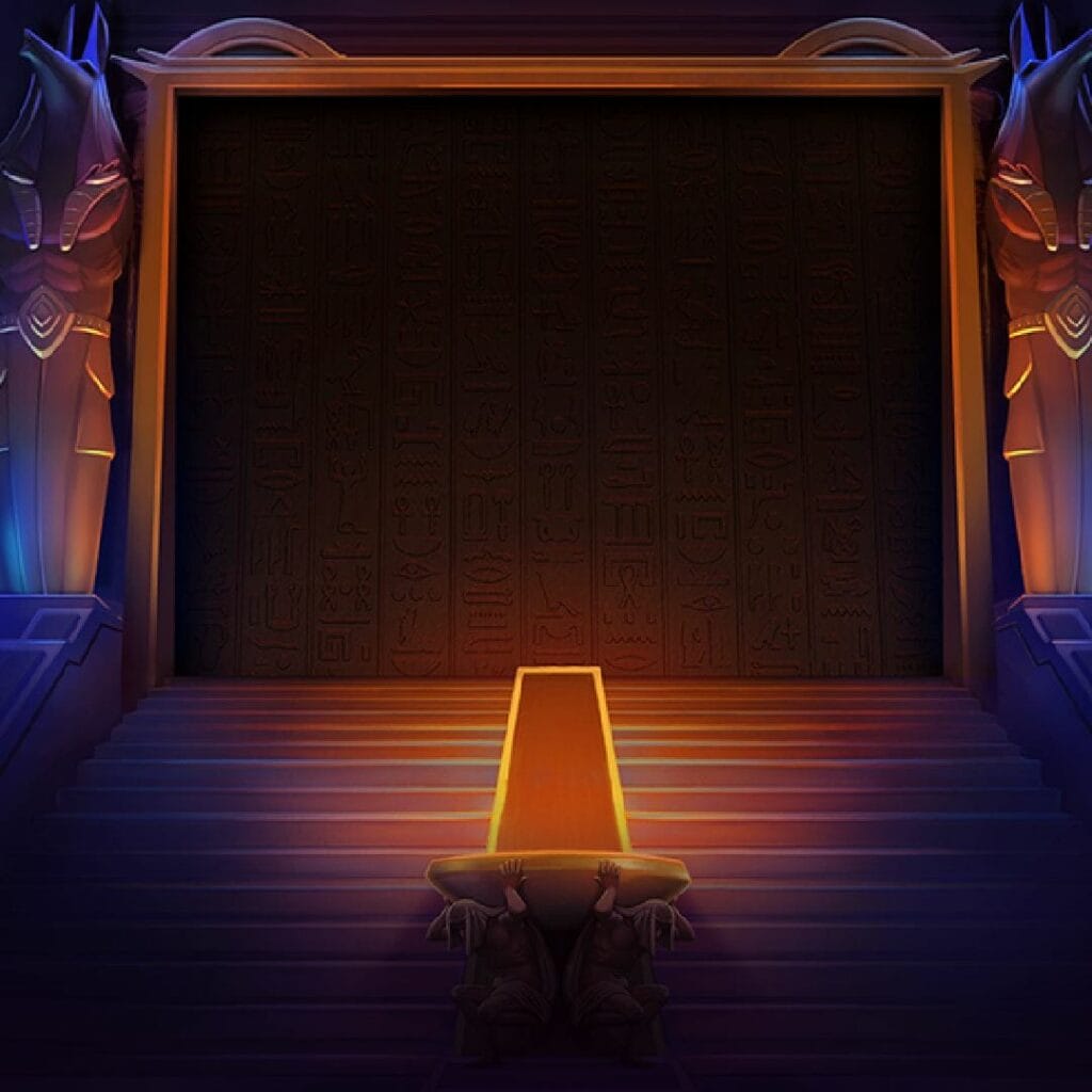 An opening screen from the Vault of Anubis online slot game.