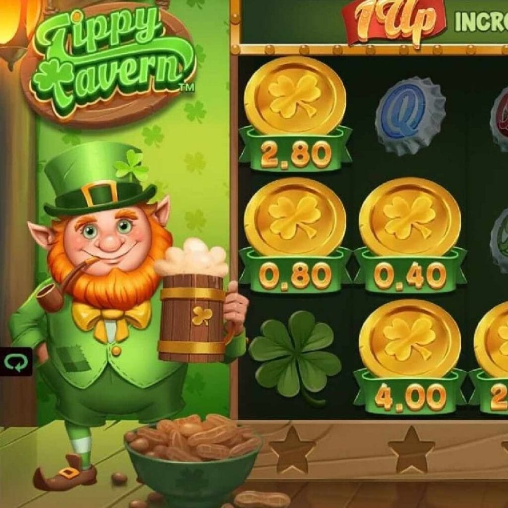 The game screen of Tippy Tavern with Tippy the leprechaun holding a beer.