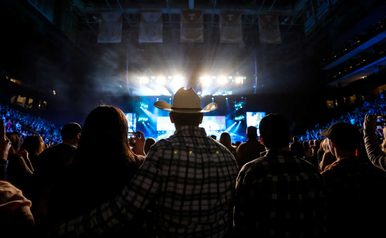 Fans in the crowd watch a performer on stage.