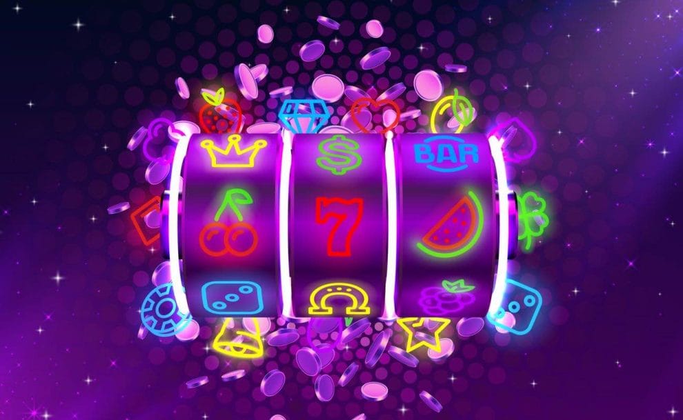 A neon-lit 3-reel online slot machine featuring traditional symbols.