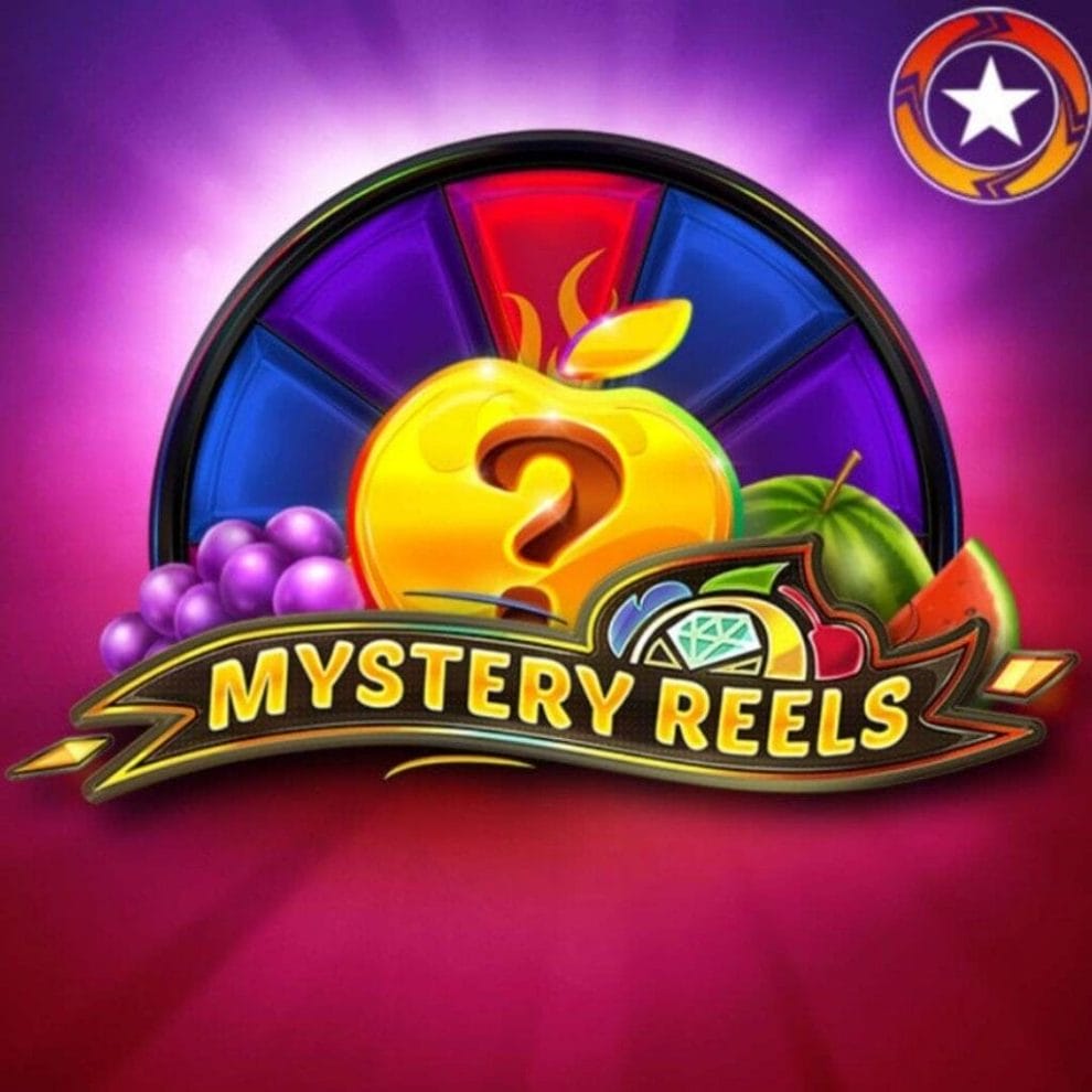 The Mystery Reels slot game logo against a magenta gradient background. The logo features a banner titled “Mystery Reels” overlaid on the wild symbol, grapes, and a watermelon, with the Bonus Wheel at the back.