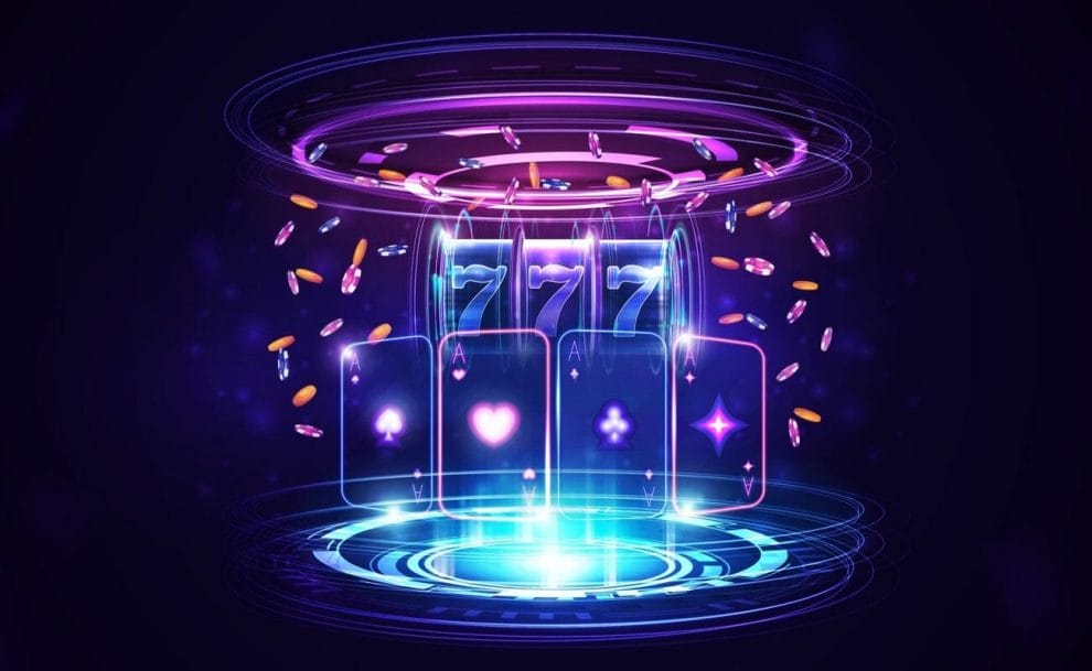 A futuristic-style image of a wireframe slot reel with three sevens and four wireframe aces from a deck of playing cards in front of it. They are surrounded by glowing lights, rings of neon colors and falling casino chips.