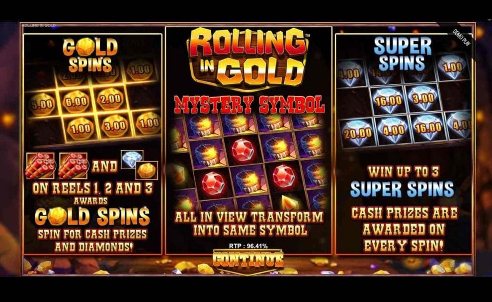 The Rolling in Gold features, including Gold Spins, Rolling in Gold and Super Spins.