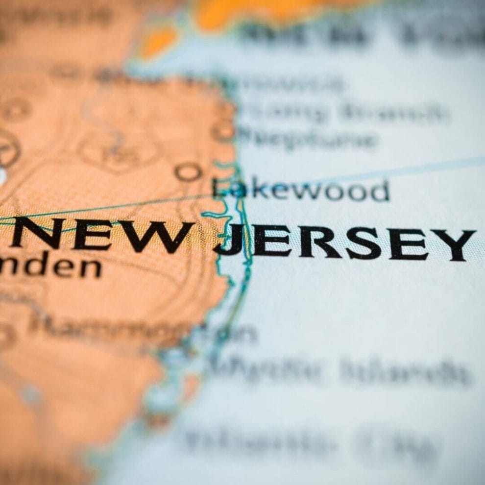 close up of New Jersey, USA on a map