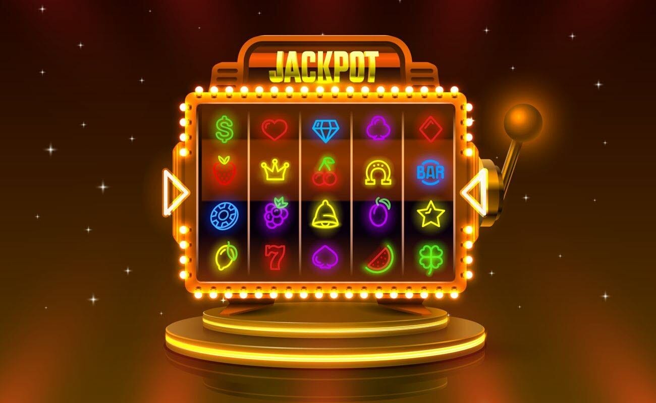 Vector illustration of a bright jackpot slot machine featuring classic slot symbols.