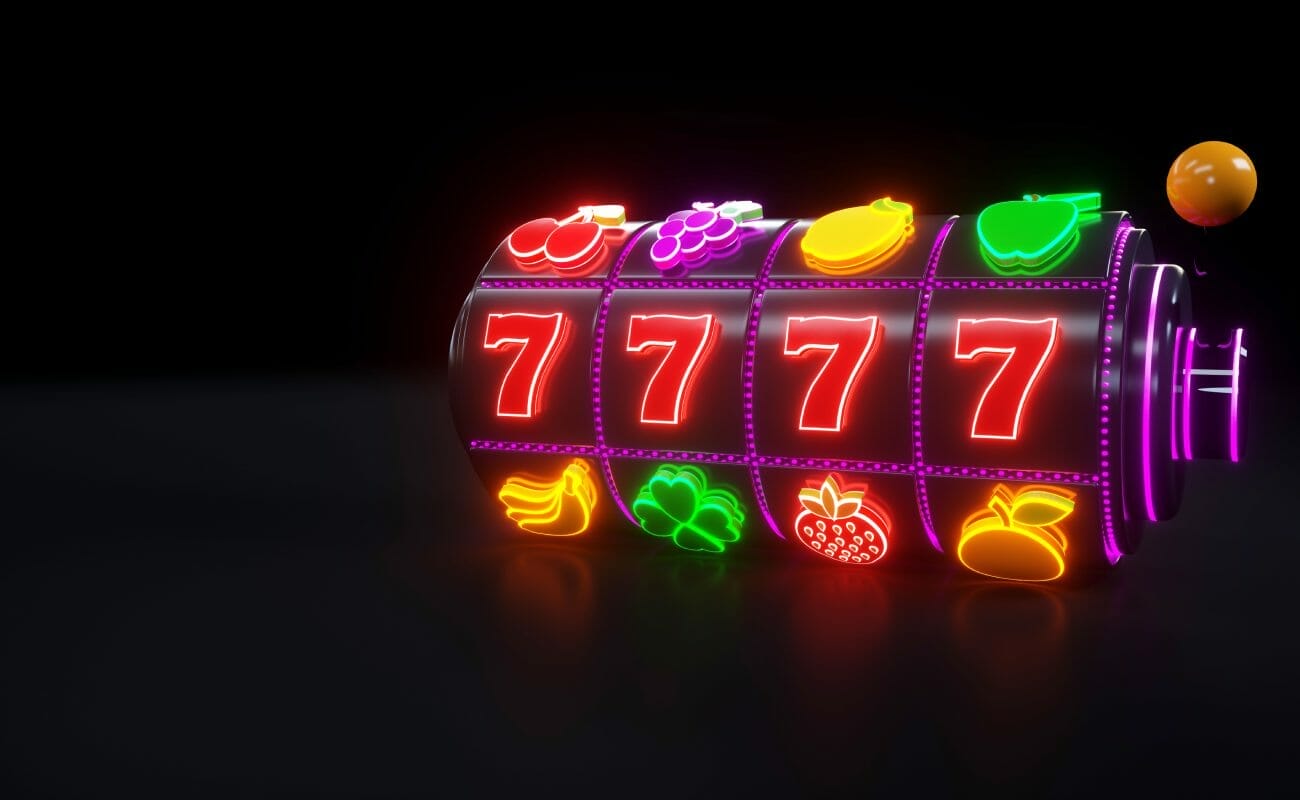 A neon slot reel against a black background.