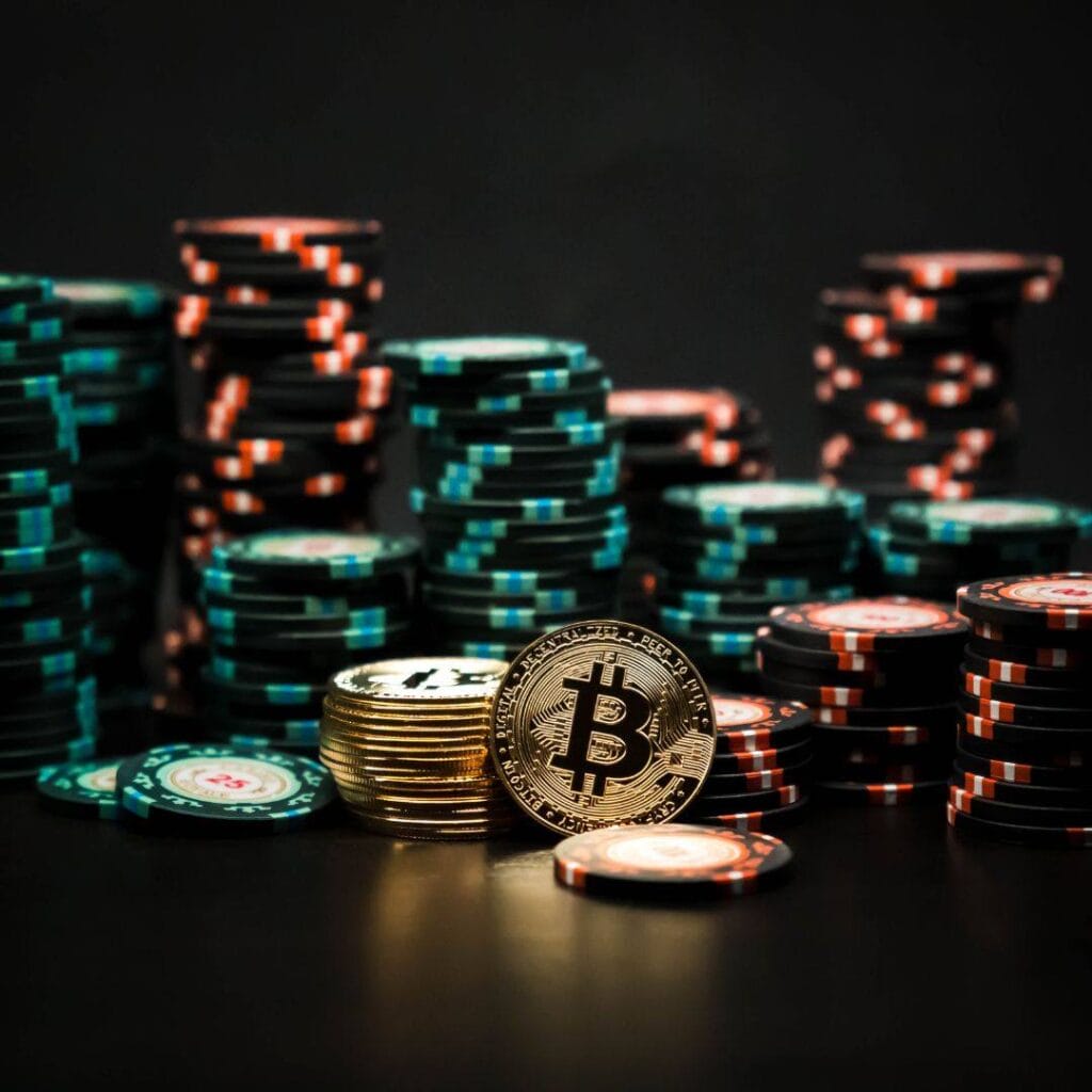 a stack of Bitcoins among stacks of poker chips on a dark surface