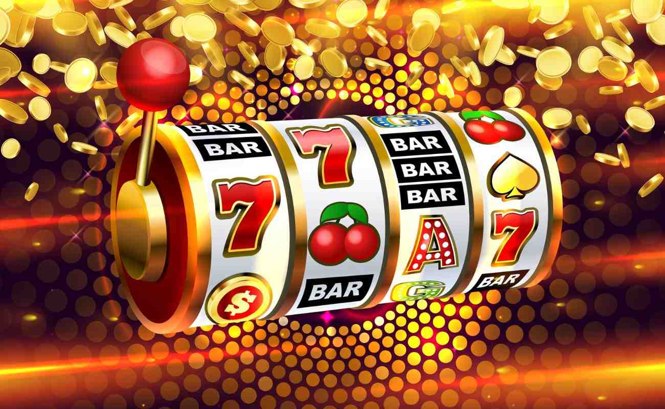An online slot concept image showing an illustrated 4-reel slot containing classic symbols like 7s, cherries, aces, and BARs. The reel is against a dark background decorated with golden coins and faded circles. 