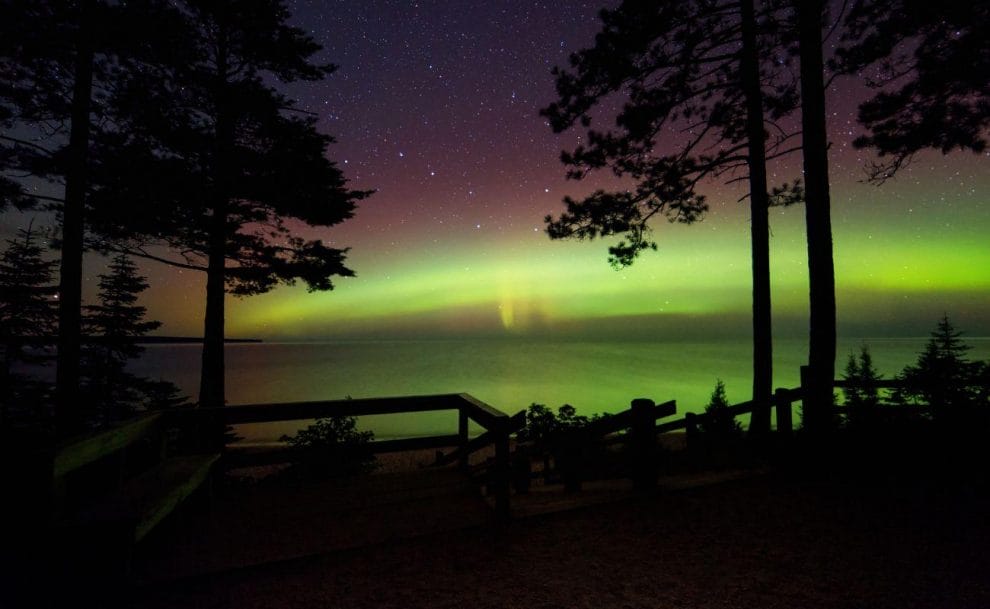 the Northern Lights above Lake Superior at Miners Beach in the Pictured Rocks National Lakeshore