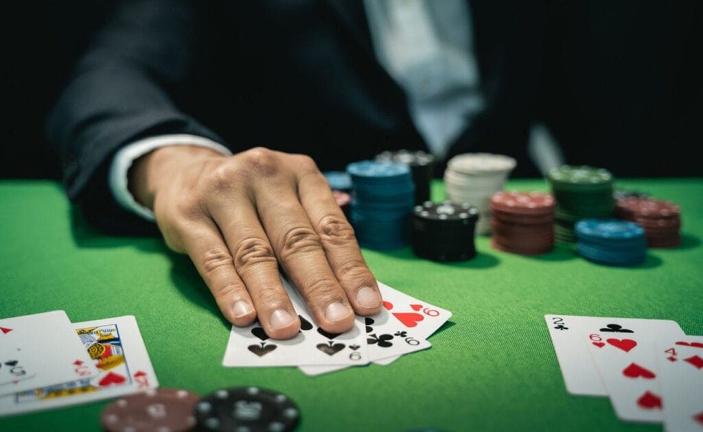 A hand holding poker cards on a green felt table, surrounded by casino chips.