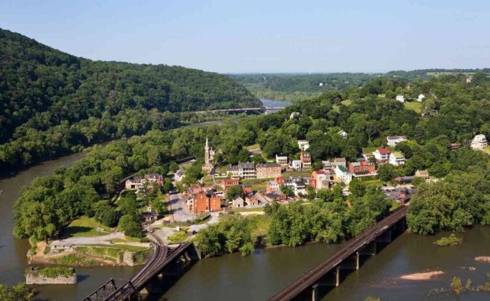 aerial view of the town of Harpers Ferry, West Virginia, which includes Harpers Ferry National Historical Park, located between the Potomac River and the Shenandoah River