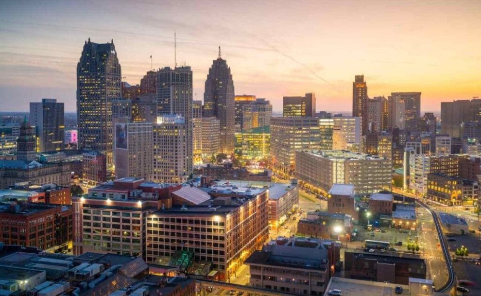 an aerial view of downtown Detroit at twilight in Michigan, USA 