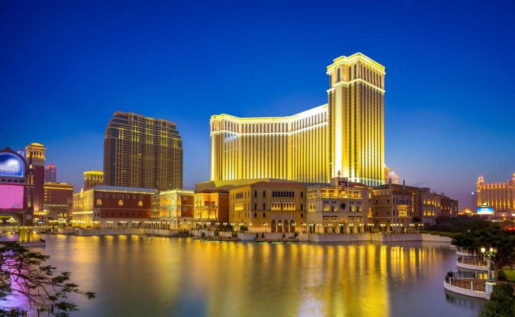 Night scenery of the extravagant exterior of the Venetian Macao, a luxury hotel and casino in Macau, China. 