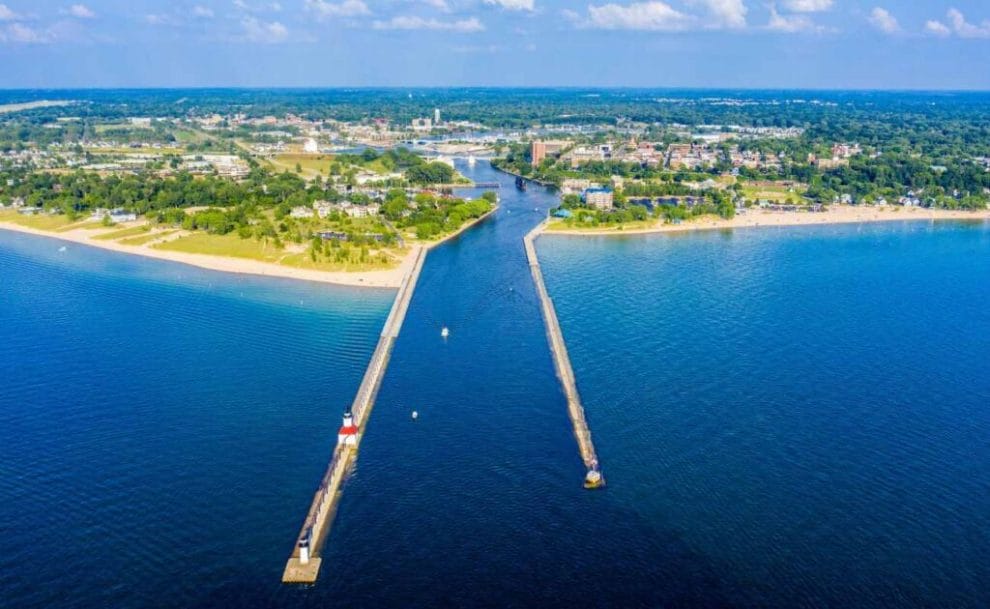 Aerial view of St. Joseph, Michigan with views of downtown, the state park, the St. Joseph Lighthouse, and St. Joseph River