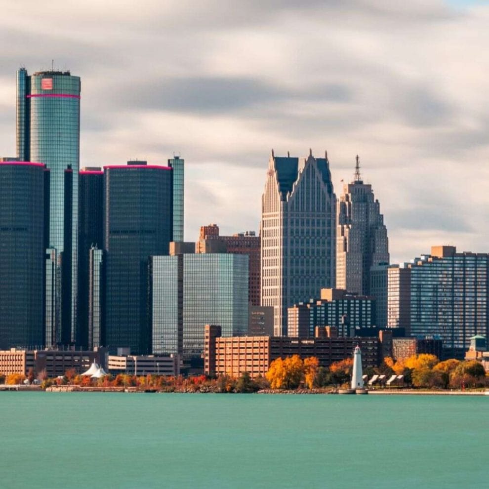 Detroit, Michigan, USA downtown city skyline on the Detroit River